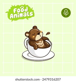 food animal combines 2 materials, cute cartoon mascot logo characters in the form of honey bear and cappuccino, for business, collections, stickers, cool, cheerful, sophisticated, modern