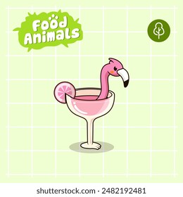 food animal combines 2 materials, cute cartoon mascot logo characters in the form of flamingo and cocktail, for business, collections, stickers, cool, cheerful, sophisticated, modern