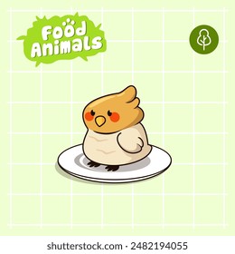 food animal combines 2 materials, cute cartoon mascot logo characters in the form of cockatiel and cheesecake, for business, collections, stickers, cool, cheerful, sophisticated, modern