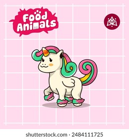 food animal combines 2 materials, cute cartoon mascot logo characters in the form of unicorn and rainbow candy, for business, collections, stickers, cool, cheerful, sophisticated, modern