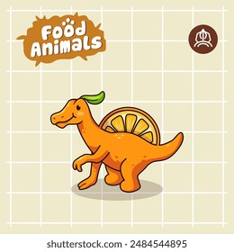 food animal combines 2 materials, cute cartoon mascot logo characters in the form of spinosaurus and orange fruit, for business, collections, stickers, cool, cheerful, sophisticated, modern