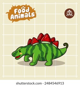 food animal combines 2 materials, cute cartoon mascot logo characters in the form of stegosaurus and watermelon, for business, collections, stickers, cool, cheerful, sophisticated, modern