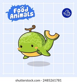 food animal combines 2 materials, cute cartoon mascot logo characters in the form of whale and melon, for business, collections, stickers, cool, cheerful, sophisticated, modern