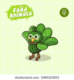 food animal combines 2 materials, cute cartoon mascot logo characters in the form of peacock and spinach, for business, collections, stickers, cool, cheerful, sophisticated, modern