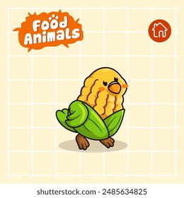 food animal combines 2 materials, cute cartoon mascot logo characters in the form of parakeet and corn, for business, collections, stickers, cool, cheerful, sophisticated, modern