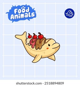 alimento animal combina 2 materiais, personagens bonitos do logotipo do mascote do desenho animado na forma de golfinho e banana divide o sorvete, para o negócio, coleções, adesivos, legal, alegre, sofisticado, moderno