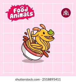 alimento animal combina 2 materiais, personagens bonitos do logotipo do mascote do desenho animado na forma de dragão e macarrão, para negócios, coleções, adesivos, legal, alegre, sofisticado, moderno