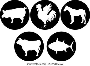 Food animals round icon set