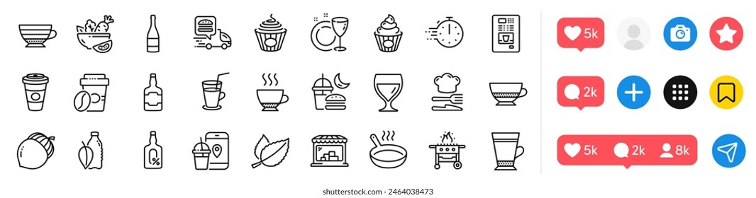 Food app, Acorn and Frying pan line icons pack. Social media icons. Night eat, Whiskey bottle, Latte web icon. Bombon coffee, Cake, Food delivery pictogram. Cooking timer, Salad, Cappuccino. Vector