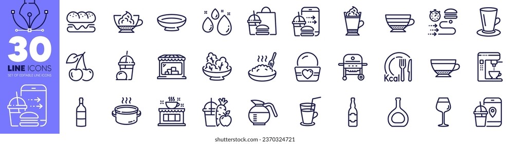 Food app, Cocktail and Salad line icons pack. Dish, Ice cream, Cappuccino web icon. Juice, Food delivery, Wine bottle pictogram. Teacup, Cherry, Dry cappuccino. Gas grill, Market, Water drop. Vector