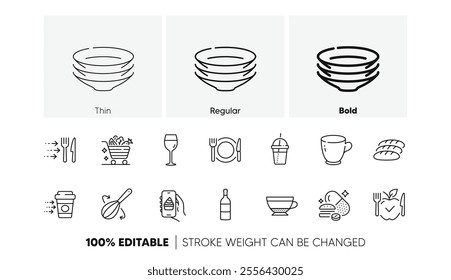 Food app, Coffee cocktail and Tea cup line icons. Pack of Overeating pills, Dry cappuccino, Vegetarian food icon. Bread, Dishes, Wine bottle pictogram. Vegetables cart, Cooking whisk. Vector