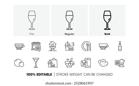 Food app, Food delivery and Tea cup line icons. Pack of Beer bottle, Wineglass, Dish icon. Peas, Cappuccino, Potato pictogram. Martini glass, Chef, Bombon coffee. Home grill. Meal order. Vector