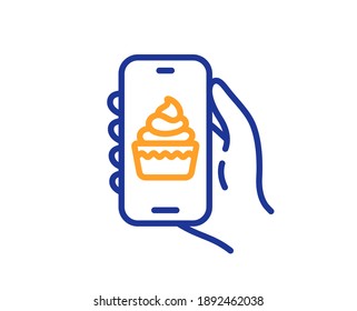 Food app line icon. Hand hold phone sign. Cellphone with screen notification symbol. Quality design element. Line style food app icon. Editable stroke. Vector