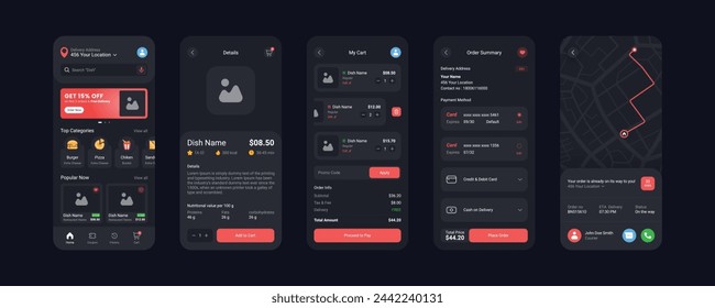 Food app mobile screens template is fully editable and vector (Dark Mode)
