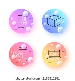 Food App, Office Box And Refrigerator Minimal Line Icons. 3d Spheres Or Balls Buttons. Laptop Repair Icons. For Web, Application, Printing. Meal Order, Delivery Box, Kitchen Fridge. Vector