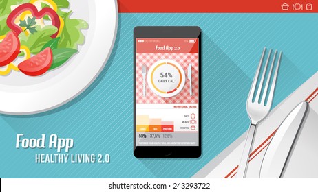 Food App On Touch Screen Mobile Phone With Salad Dish, Fork Ad Knife