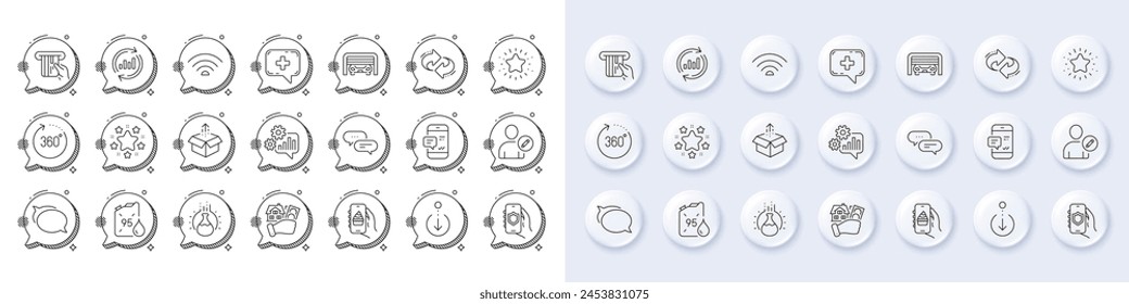 Food app, Parking garage and Twinkle star line icons. White pin 3d buttons, chat bubbles icons. Pack of Edit user, Buying house, Update data icon. Vector