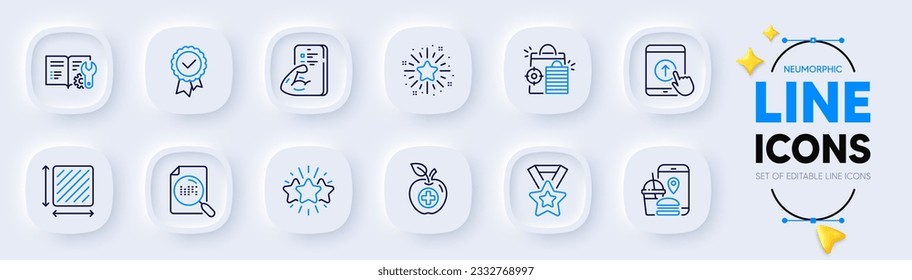 Food app, Square area and Star line icons for web app. Pack of Twinkle star, Search file, Engineering documentation pictogram icons. Medical food, Fitness, Winner ribbon signs. Vector