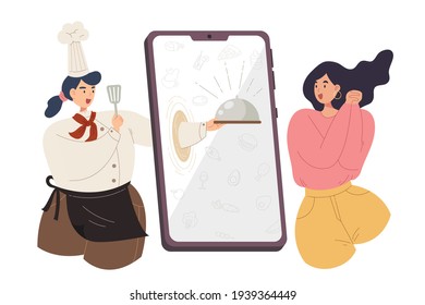Food application, Flat style vector illustration of food delivery ordered by phone application. Food delivery business. Internet restaurant. New normal. Quarantine.