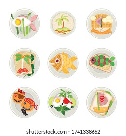 Food Arranged in the Shape of Pirate and Fish on Plate Above View Vector Illustration