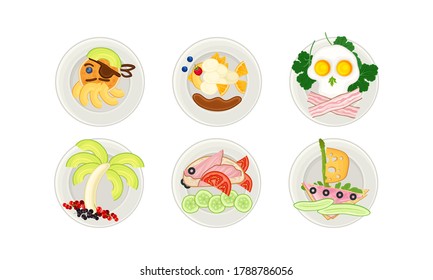Food Arranged in the Shape of Pirate and Fish on Plate Above View Vector Illustration