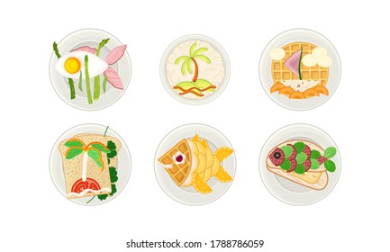 Food Arranged in the Shape of Ship and Fish on Plate Above View Vector Illustration