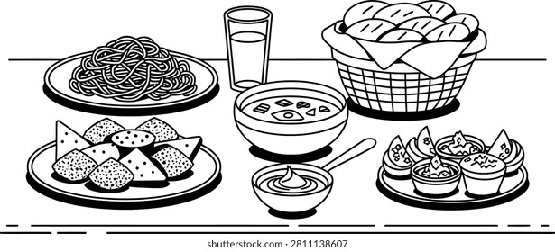 Food assortment dining table spread vector illustration