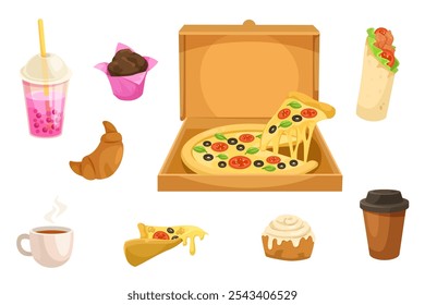 Food assortment including pizza, drinks, and pastries. Vector illustration