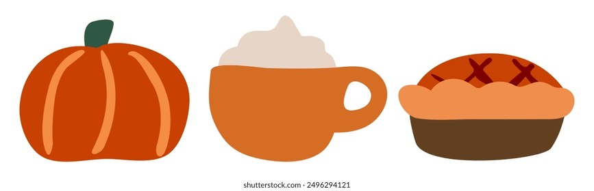 Food for the autumn season. Pumpkin, coffee, sweet pie. Flat design. Vector hand drawn illustrations on white background.