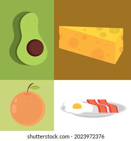food avocado cheese and orange icon set
