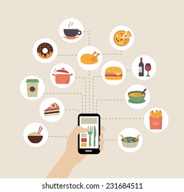 Food background - food blogging, reading about food, searching for recipes or ordering food online. Flat design style.