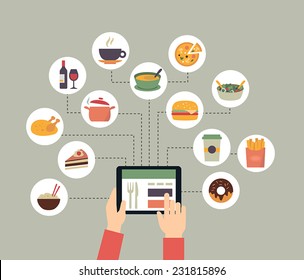 Food Background - Food Blogging, Reading About Food, Searching For Recipes Or Ordering Food Online. Flat Design Style.