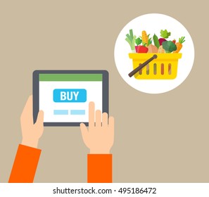 Food background - food blogging, reading about food, searching for recipes or ordering food online. Flat design style.