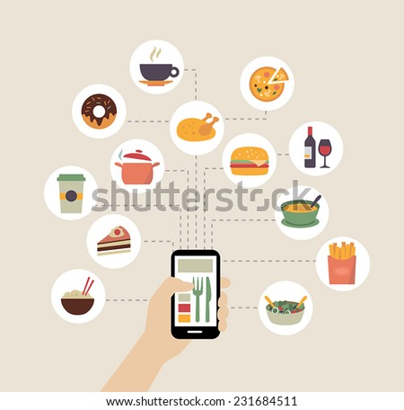Food background - food blogging, reading about food, searching for recipes or ordering food online. Flat design style.