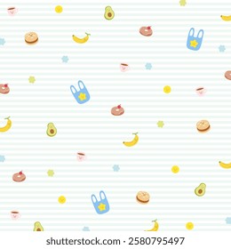 Food background of burger, donut, avocado, banana, coffee, shopping bag for wallpaper, backdrop, print, fast food, cafe, restaurant, menu, recipe, duvet, blanket, curtain, pyjamas, kid pattern, snack