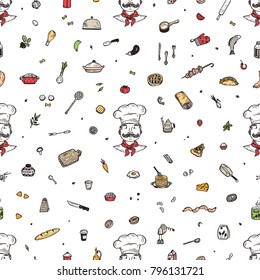 Food background with a chef. Vector Seamless pattern with Hand drawn doodle Chef, Food and Kitchen utensils. Food preparation
