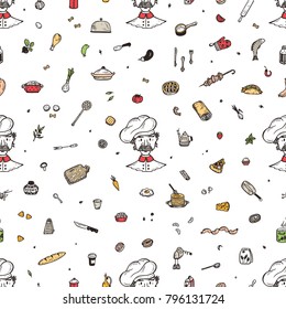 Food background with a chef. Vector Seamless pattern with Hand drawn doodle Chef, Food and Kitchen utensils. Food preparation