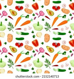 Food background and colorful vegetables seamless pattern suitable for vegetarian, farm grocery store isolated on white. Flat Art Vector illustration