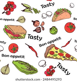Food background. Delicious products. Product vector pattern white