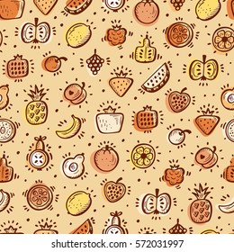 Food background. Doodle Fruits and Berries Seamless pattern. Vector illustration