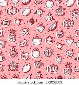 Food background. Doodle Fruits and Berries Seamless pattern. Vector illustration