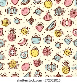 Food background. Doodle Fruits and Berries Seamless pattern. Vector illustration