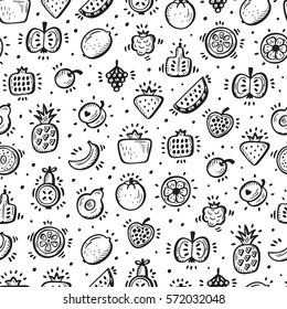 Food background. Doodle Fruits and Berries Seamless pattern. Vector illustration