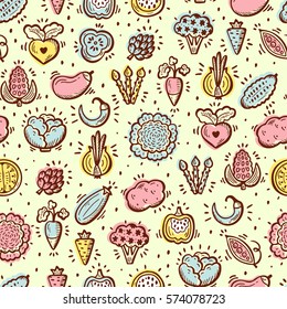 Food background. Doodle Vegetables Seamless pattern. Vector illustration