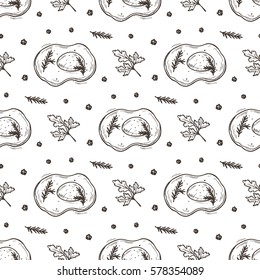 Food background. English breakfast. Hand drawn Sketch Fried Egg with Herbs and Spices Seamless pattern Vector illustration