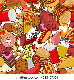 Food background. Feed ornament. meat pattern. Pizza and taco. French fries and hamburger. Hotdog and cookies. Baked turkey and watermelon. Pork and cake. Donuts and dumplings
