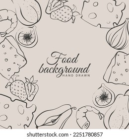 food background figs cheese strawberry shrimp and pears