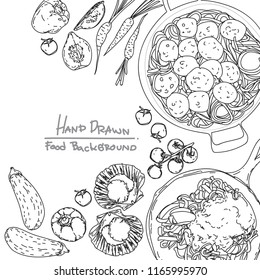 Food background linear graphic. Engraved top view illustration.
