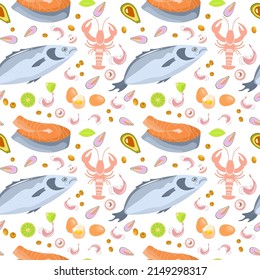 Food background and seafood seamless pattern suitable for fish shop or restaurant isolated on white. Flat Art Vector illustration