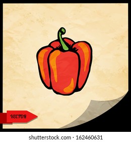 Food background with simple sketch icon bell pepper isolated on grunge paper texture background with black frame. Doodle cartoon drawing illustration. Vintage. Retro style - vector